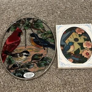 Suncatcher x2 Hand Painted Stained Glass Birds Tree Joan Baker Designs 7x5” Art